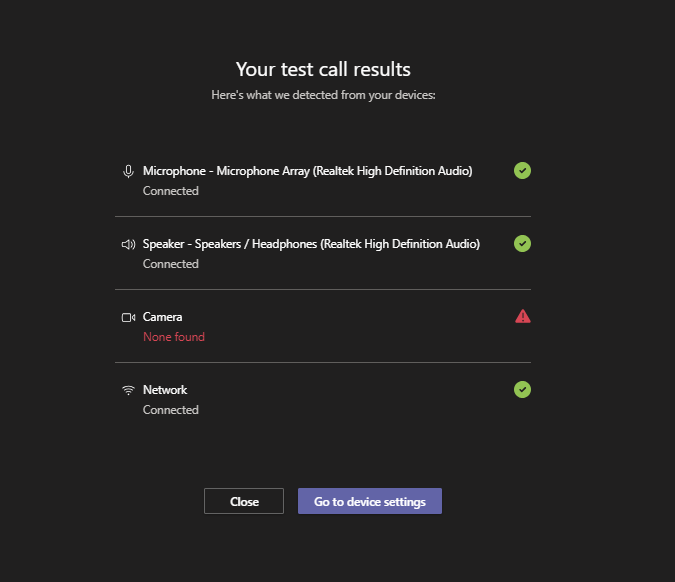 black screen with teams test call results